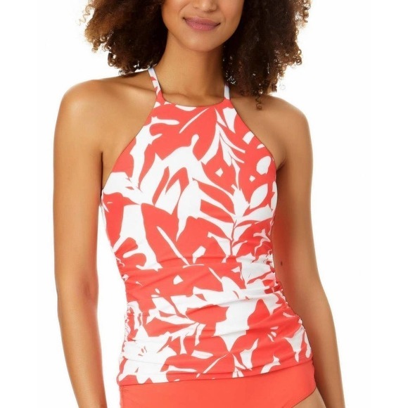 Womens Coastal Palm Printed High-Neck tankini MultiColor L pink floral slimming - Picture 1 of 6